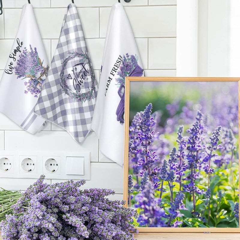 Boyiee Set of 6 Lavender Kitchen Towels Purple Floral Dishtowels Rustic Absorbent Purple Tea Hand Towels 24 x 16 Inches Lavender Lover Gifts for Farmhouse Kitchen Bathroom Accessories Decorations - Image 2