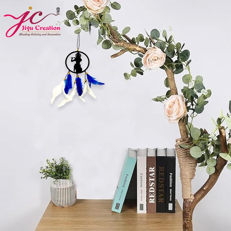 Jiyu Creation Car Hanging Ornament Krishna Flute Blue White Dream Catcher for Positive Energy Rearview Mirror Charm Home and Temple Decor Durable Acrylic with Original Feathers - Image 2