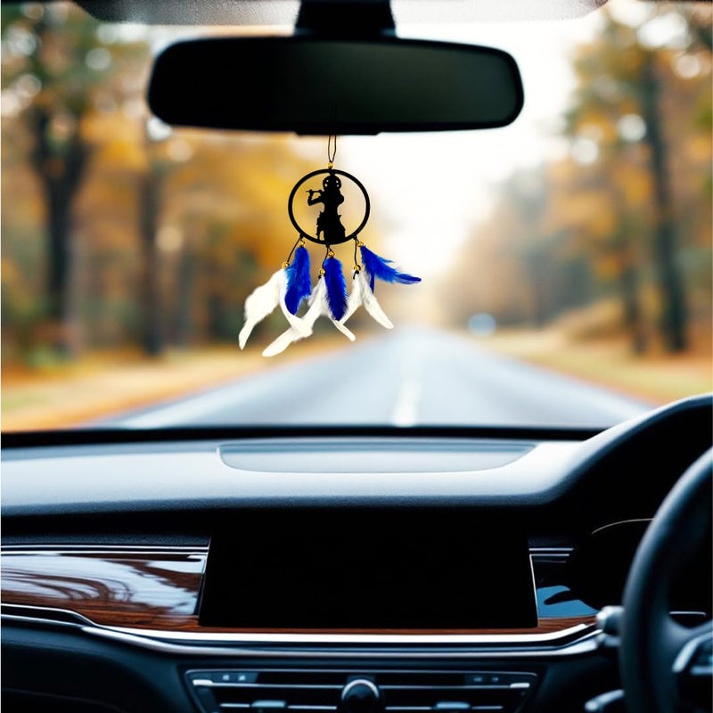 Jiyu Creation Car Hanging Ornament Krishna Flute Blue White Dream Catcher for Positive Energy Rearview Mirror Charm Home and Temple Decor Durable Acrylic with Original Feathers - Image 1