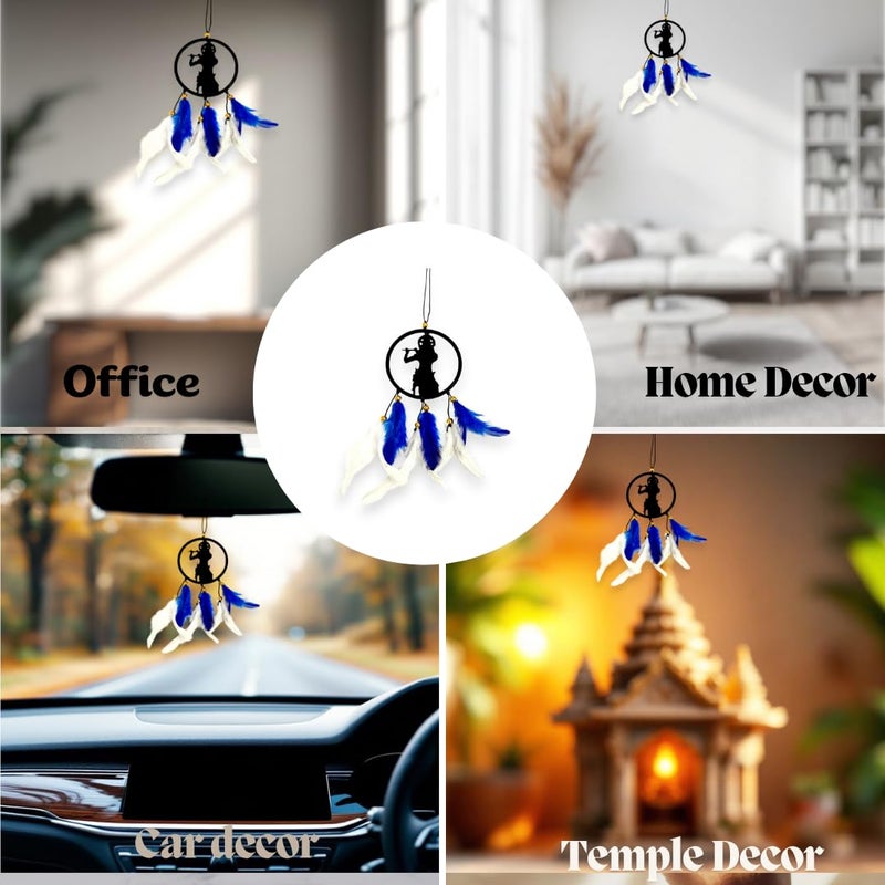 Jiyu Creation Car Hanging Ornament Krishna Flute Blue White Dream Catcher for Positive Energy Rearview Mirror Charm Home and Temple Decor Durable Acrylic with Original Feathers - Image 3