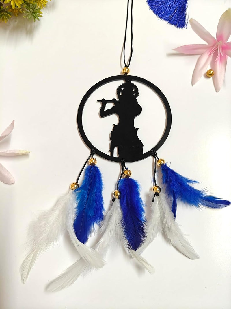 Jiyu Creation Car Hanging Ornament Krishna Flute Blue White Dream Catcher for Positive Energy Rearview Mirror Charm Home and Temple Decor Durable Acrylic with Original Feathers - Image 5