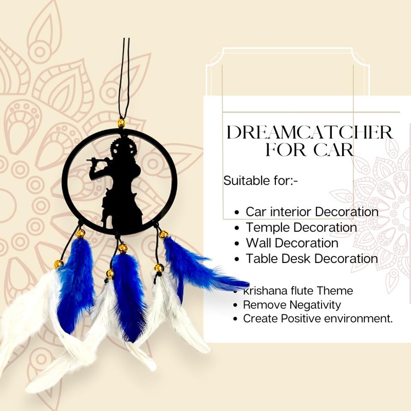 Jiyu Creation Car Hanging Ornament Krishna Flute Blue White Dream Catcher for Positive Energy Rearview Mirror Charm Home and Temple Decor Durable Acrylic with Original Feathers - Image 4