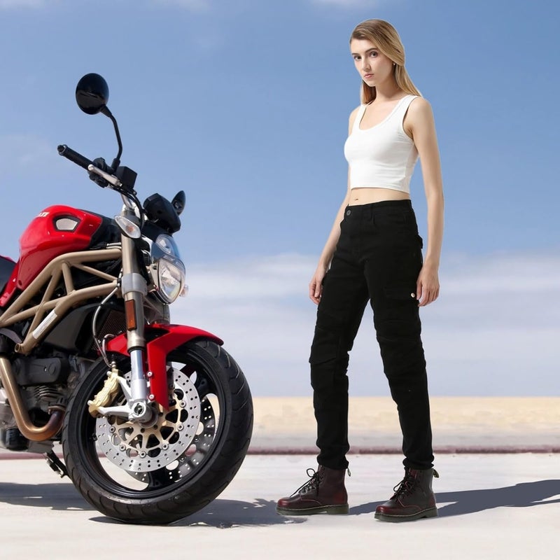 Women's Motorcycle Jeans with Protective Armored Pads, Black Riding Pants with Removable Knee and Hip Guards - Image 2