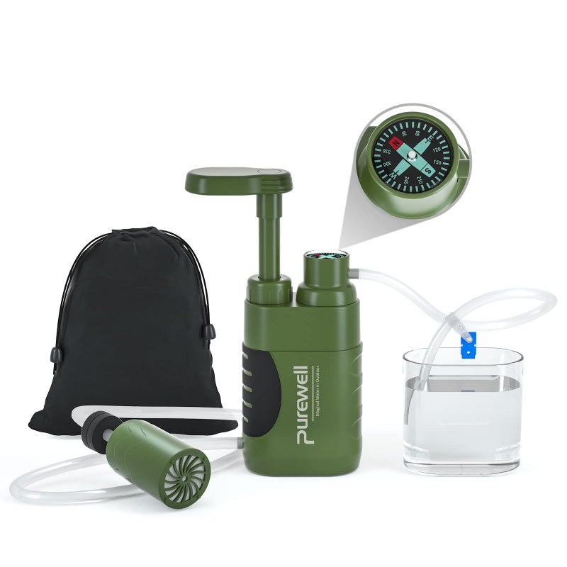 Purewell Water Hand Purifier Pump with Replaceable Carbon 001 Micron Water Filter 4 Filter Stages Portable Outdoor Emergency and Survival Gear Camping Hiking Backpacking