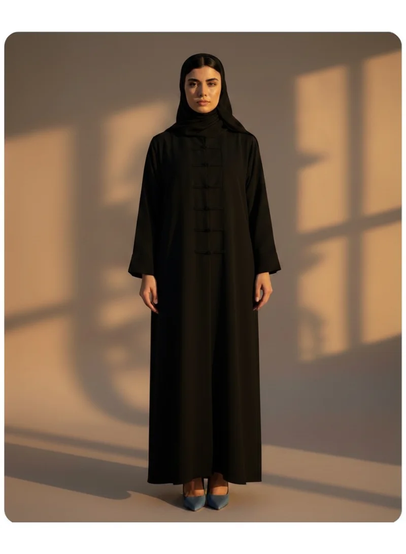 مويستريت Black Korean Nida Abaya with Matching Headscarf & Knot Button Detail