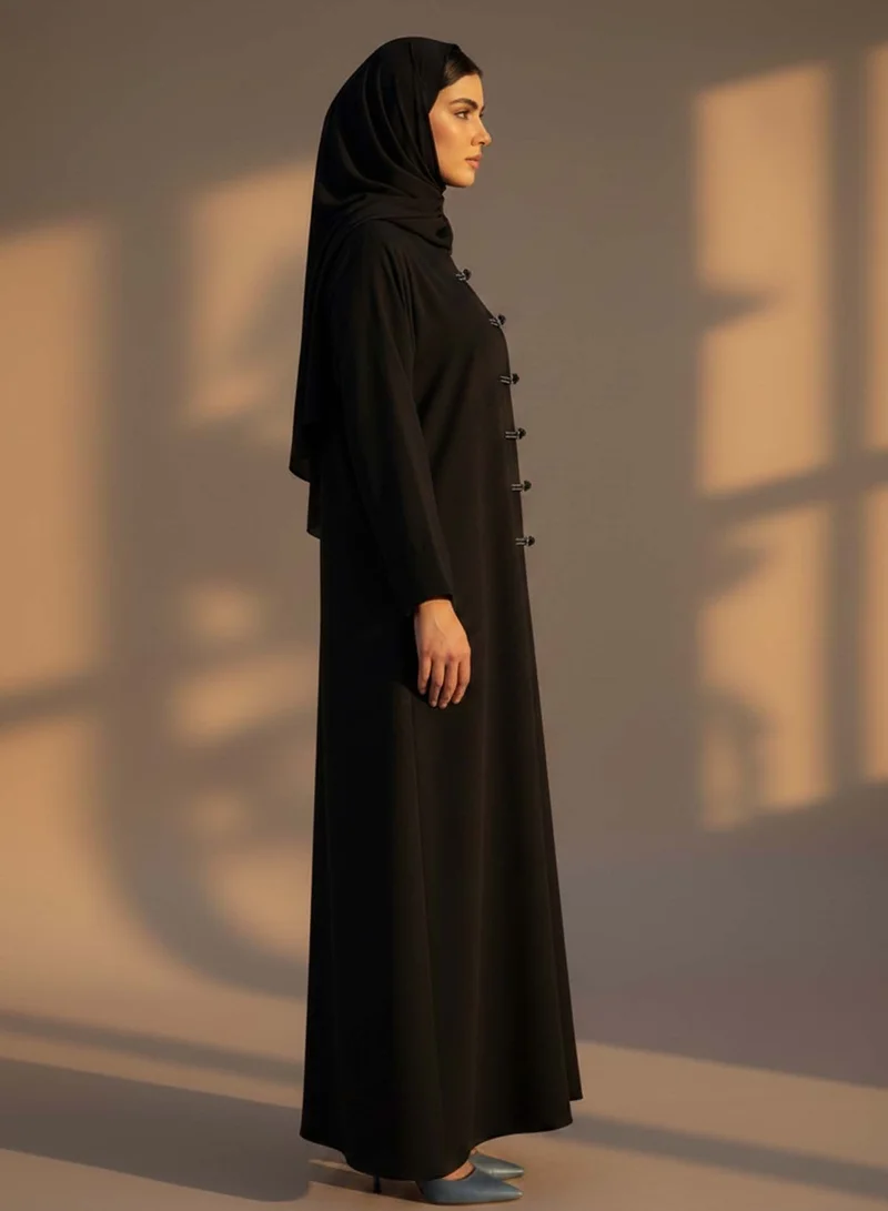 مويستريت Black Korean Nida Abaya with Matching Headscarf & Knot Button Detail