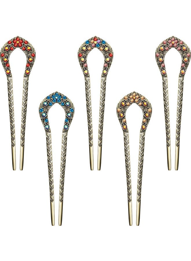 Waydress 5 Pieces French Hair Pins Vintage Hair Forks Metal U Shaped Chignon Pin Double Prong Hair Stick Crystal Rhinestone Hairpin For Women Girls (Elegant Pattern)  - Image 1