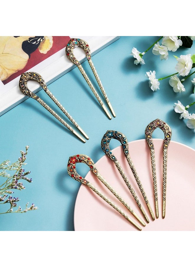 Waydress 5 Pieces French Hair Pins Vintage Hair Forks Metal U Shaped Chignon Pin Double Prong Hair Stick Crystal Rhinestone Hairpin For Women Girls (Elegant Pattern)  - Image 2