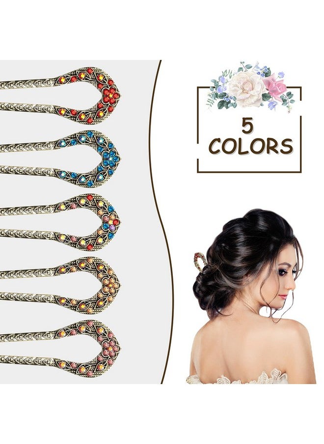 Waydress 5 Pieces French Hair Pins Vintage Hair Forks Metal U Shaped Chignon Pin Double Prong Hair Stick Crystal Rhinestone Hairpin For Women Girls (Elegant Pattern)  - Image 5