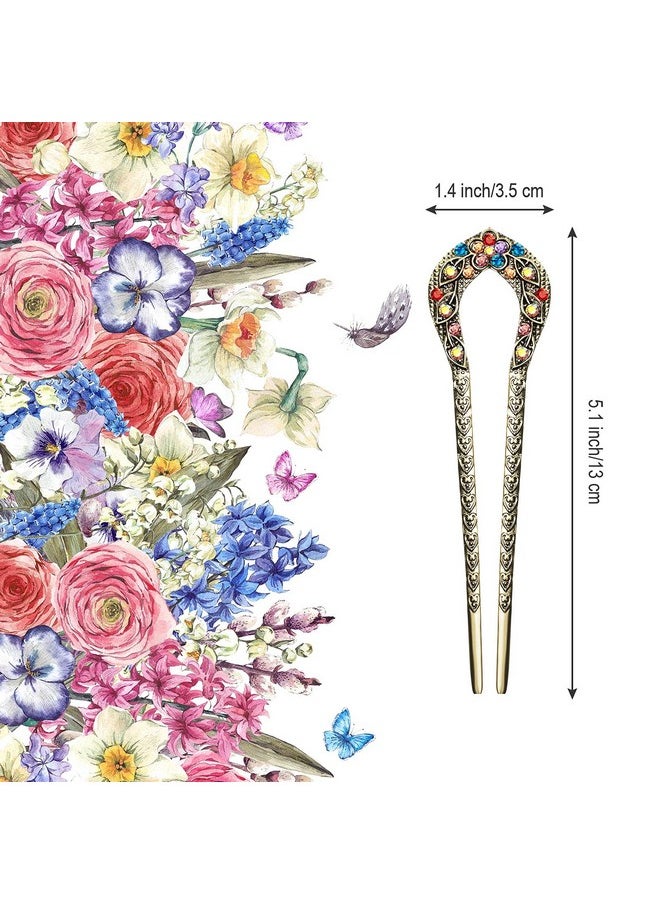 Waydress 5 Pieces French Hair Pins Vintage Hair Forks Metal U Shaped Chignon Pin Double Prong Hair Stick Crystal Rhinestone Hairpin For Women Girls (Elegant Pattern)  - Image 3