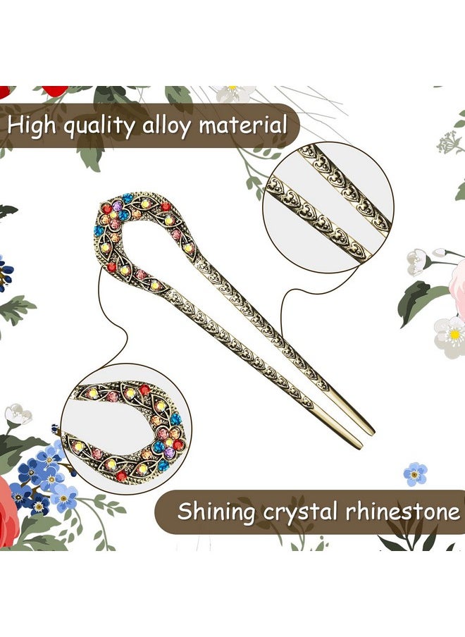 Waydress 5 Pieces French Hair Pins Vintage Hair Forks Metal U Shaped Chignon Pin Double Prong Hair Stick Crystal Rhinestone Hairpin For Women Girls (Elegant Pattern)  - Image 4