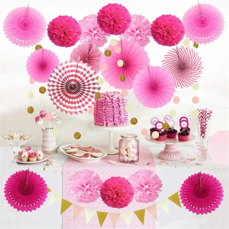 Pink Party Decorations Set Paper Flower Fans Pom Poms Banners Carnival Supplies - Image 3