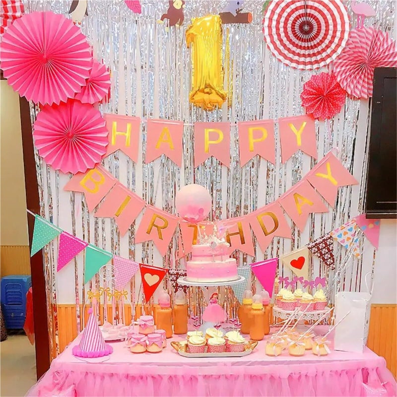 Pink Party Decorations Set Paper Flower Fans Pom Poms Banners Carnival Supplies - Image 5