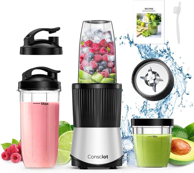Consciot CB08 11-Piece Blender for Kitchen and Personal Size, Blend Shakes and Smoothies, Frozen Drinks, Baby Food, Spreads & More, 3 Portable To-Go Cups & 2 Spout Lids & 1 Solid Lid, 900 Peak Watts - Image 1