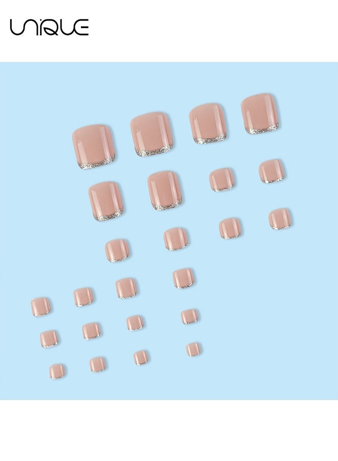 Unique 24Pcs Fake Nails, Press Nails, French foot Nails - Nude Glitter Foot Nails - Fake Nail Patch - Image 3