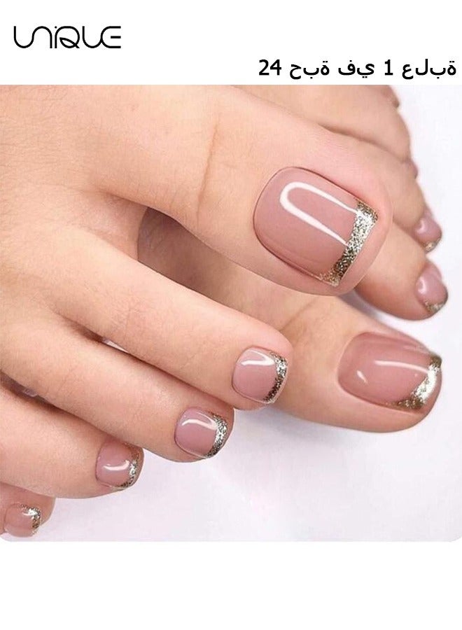 Unique 24Pcs Fake Nails, Press Nails, French foot Nails - Nude Glitter Foot Nails - Fake Nail Patch - Image 1