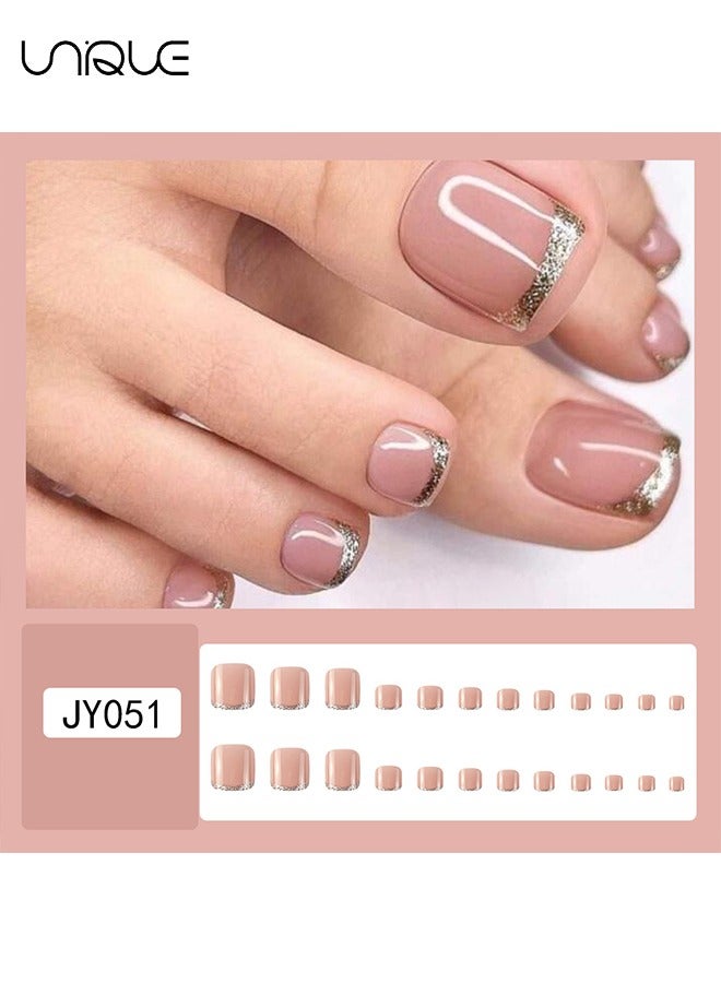 Unique 24Pcs Fake Nails, Press Nails, French foot Nails - Nude Glitter Foot Nails - Fake Nail Patch - Image 2