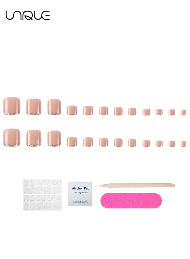 Unique 24Pcs Fake Nails, Press Nails, French foot Nails - Nude Glitter Foot Nails - Fake Nail Patch - Image 5