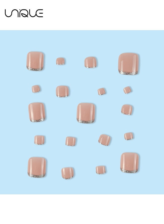 Unique 24Pcs Fake Nails, Press Nails, French foot Nails - Nude Glitter Foot Nails - Fake Nail Patch - Image 4