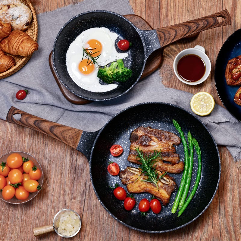 MOJIRE Nonstick Frying Pans Set with Lid, 10 In 11.5 In Aluminum Granite Coating Chef's Pan, Non Stick Flat Skillet Set with Glass Cover, Cookware Set Suitable for Gas Stove, Induction Glass Top - Image 4