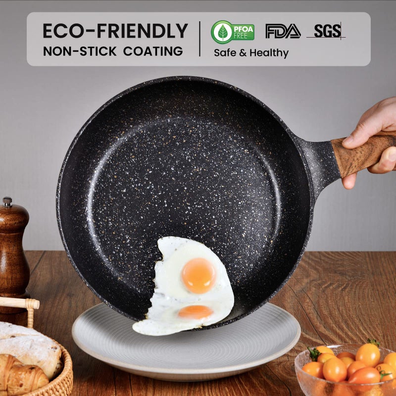 MOJIRE Nonstick Frying Pans Set with Lid, 10 In 11.5 In Aluminum Granite Coating Chef's Pan, Non Stick Flat Skillet Set with Glass Cover, Cookware Set Suitable for Gas Stove, Induction Glass Top - Image 2