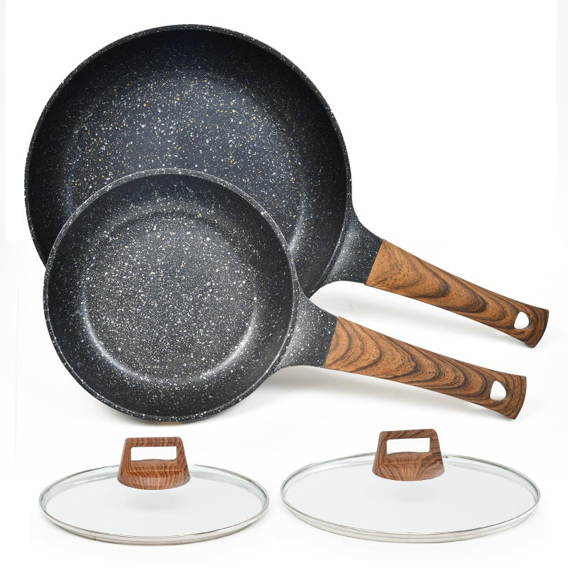 MOJIRE Nonstick Frying Pans Set with Lid, 10 In 11.5 In Aluminum Granite Coating Chef's Pan, Non Stick Flat Skillet Set with Glass Cover, Cookware Set Suitable for Gas Stove, Induction Glass Top - Image 1
