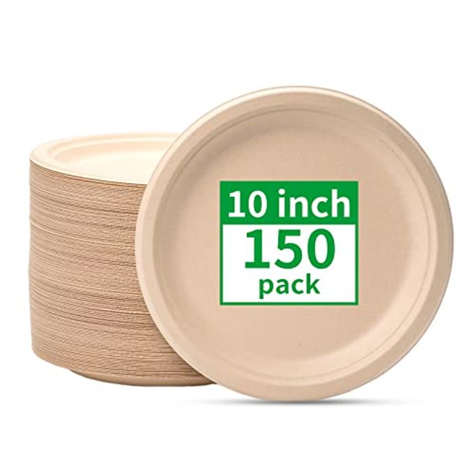 COMPOSTABLE PAPER PLATES 10 INCH 150 PACK DISPOSABLE BIODEGRADABLE HEAVY DUTY PAPER PLATES MADE OF NATURAL SUGARCANE FIBERS UNBLEACHED BROWN ROUND