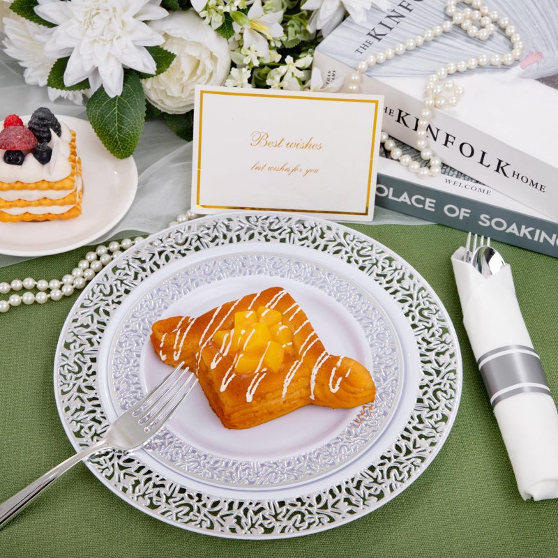 WELLIFE 175Pcs Silver Dinnerware Sets  Include:25 Dinner Plates  25 Dessert Plates  25 Paper Napkins  25 Cups  75 Silver Silverware Set for Party and Weddings - Image 3