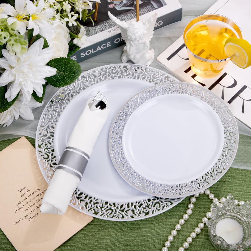 WELLIFE 175Pcs Silver Dinnerware Sets  Include:25 Dinner Plates  25 Dessert Plates  25 Paper Napkins  25 Cups  75 Silver Silverware Set for Party and Weddings - Image 4