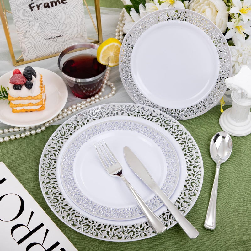 WELLIFE 175Pcs Silver Dinnerware Sets  Include:25 Dinner Plates  25 Dessert Plates  25 Paper Napkins  25 Cups  75 Silver Silverware Set for Party and Weddings - Image 2