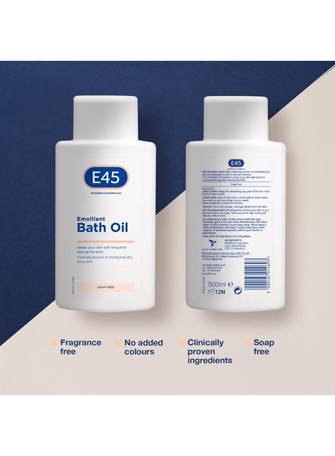 e45 Bath Oil 500 ml – E45 Bath Oil Emollient to Moisturise & Hydrate Dry Skin – Gently Cleanses for Soft Skin – Soap Free & Perfume Free Emollient Bath & Shower Oil Body Wash - Dermatologically Tested - Image 2