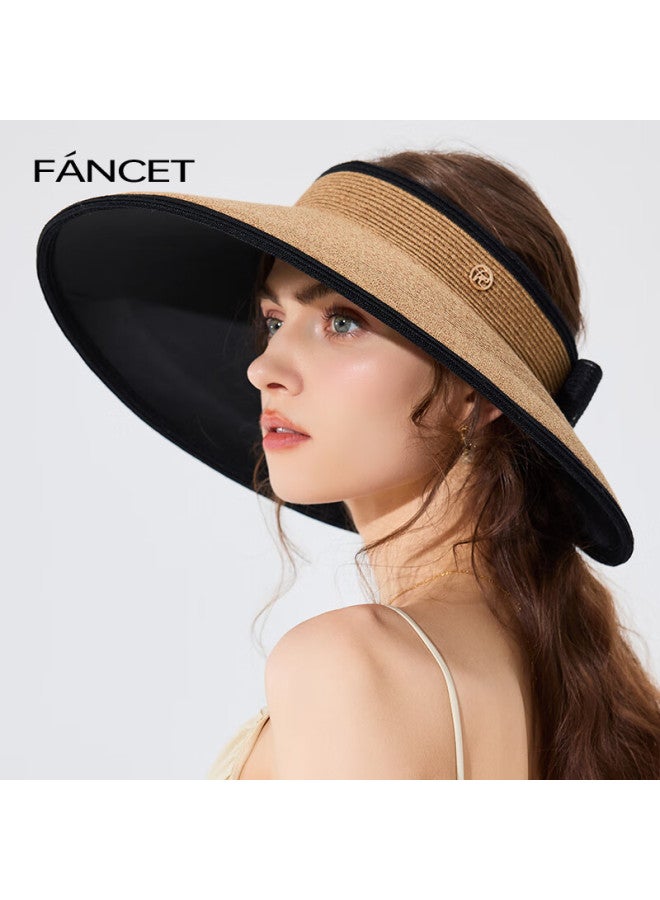 Fancet Women's Visor Hat, Spring And Summer Style Color-block Hat, Black Glue Wide Brim Sun Protection Straw Hat, Breathable Sun Hat For Travel And Vacatio - Image 2