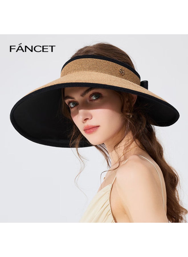 Fancet Women's Visor Hat, Spring And Summer Style Color-block Hat, Black Glue Wide Brim Sun Protection Straw Hat, Breathable Sun Hat For Travel And Vacatio - Image 1