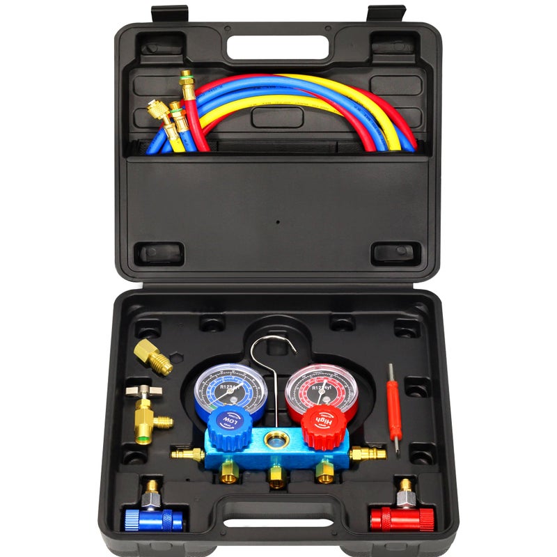 AutoWanderer Tool R1234yf AC Gauges 3 Way 1234yf AC Manifold Gauge Set Car Air Conditioner Recharge Kit with 5FT Hoses R1234yf Quick Couplers Valve Core Remover
