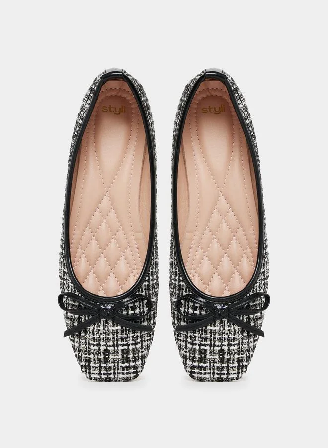 Styli Tweed Look Bow Decor Ballerina Shoes