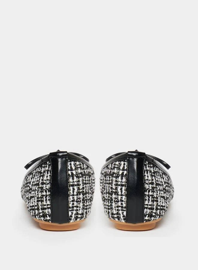 Styli Tweed Look Bow Decor Ballerina Shoes