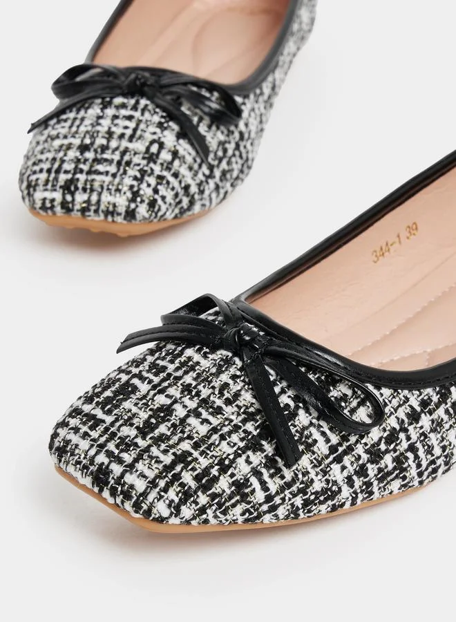 Styli Tweed Look Bow Decor Ballerina Shoes