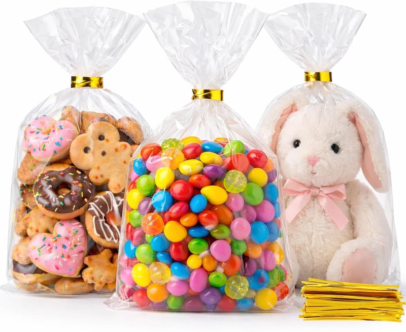 WIKDAY 100 PCS Clear Cellophane Bags with Twist Ties - 6x10 Inches Plastic Treat Party Favor Candy Bags - Image 1