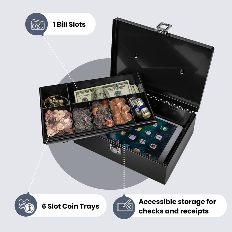 Flexzion Cash Box with Money Tray and Lock - Metal Money Box for Cash Storage with Secure Latch Lock & Key, Black Petty Cash Box with 7 Compartment Money Tray for Small Businesses, 11x7.7x3.5 Inches - Image 3