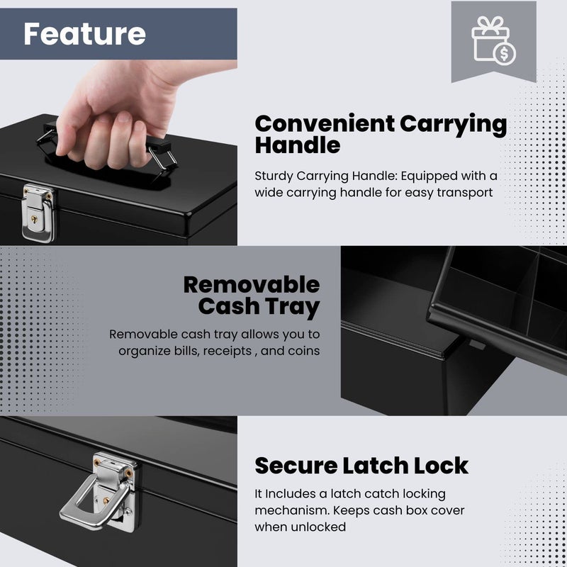 Flexzion Cash Box with Money Tray and Lock - Metal Money Box for Cash Storage with Secure Latch Lock & Key, Black Petty Cash Box with 7 Compartment Money Tray for Small Businesses, 11x7.7x3.5 Inches - Image 2