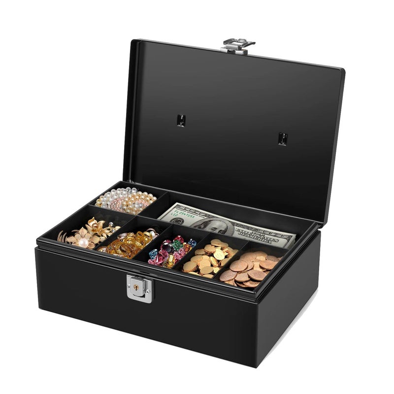 Flexzion Cash Box with Money Tray and Lock - Metal Money Box for Cash Storage with Secure Latch Lock & Key, Black Petty Cash Box with 7 Compartment Money Tray for Small Businesses, 11x7.7x3.5 Inches - Image 1