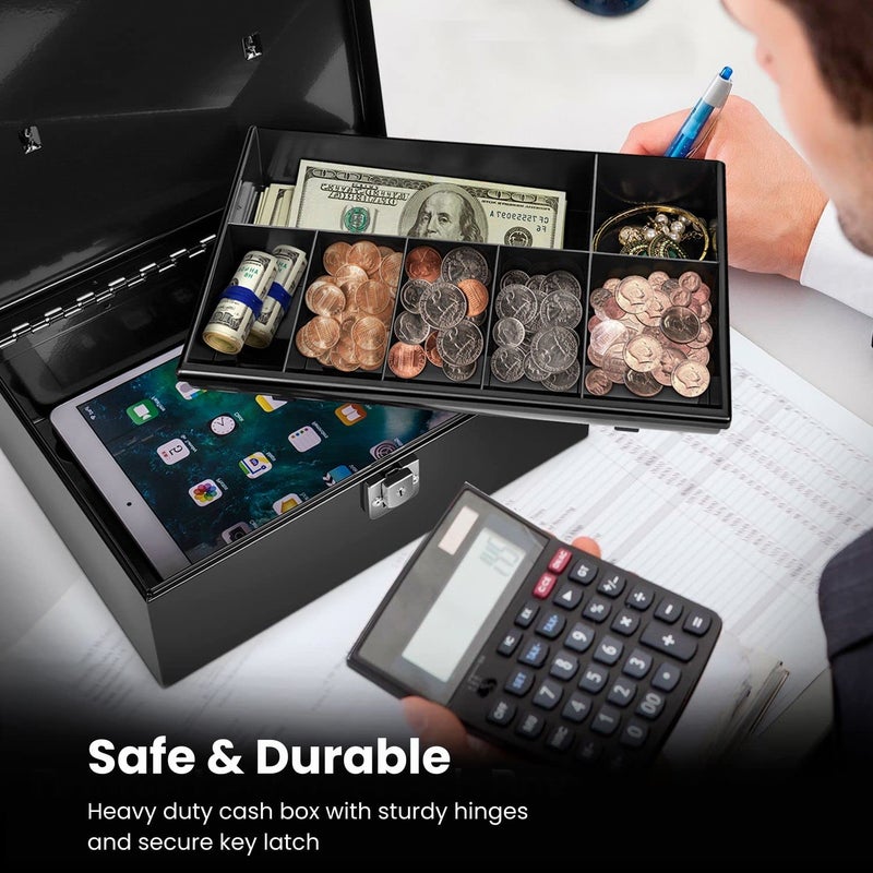 Flexzion Cash Box with Money Tray and Lock - Metal Money Box for Cash Storage with Secure Latch Lock & Key, Black Petty Cash Box with 7 Compartment Money Tray for Small Businesses, 11x7.7x3.5 Inches - Image 5