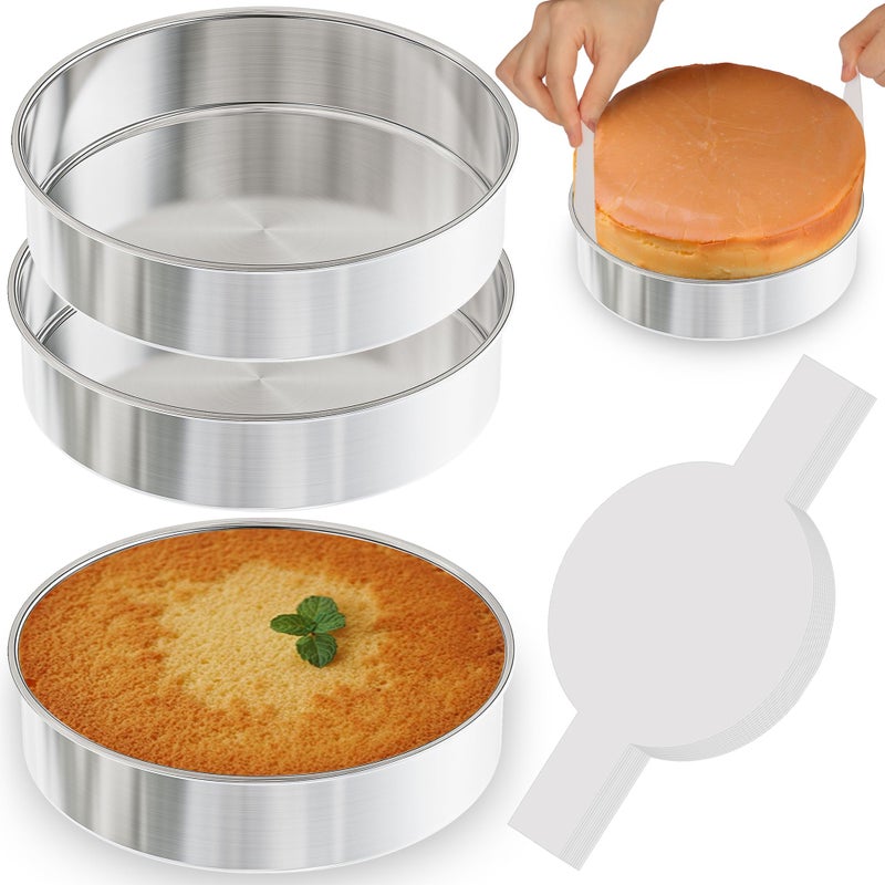 AWTBDP 8 Inch Cake Pan Set of 3, Nonstick Stainless Steel Round Layer Cake Baking Pans with 100PCS Parchment Papers, Cake Tins for Birthday Christmas, Healthy & Non-Toxic, Easy Clean & Dishwasher Safe - Image 1