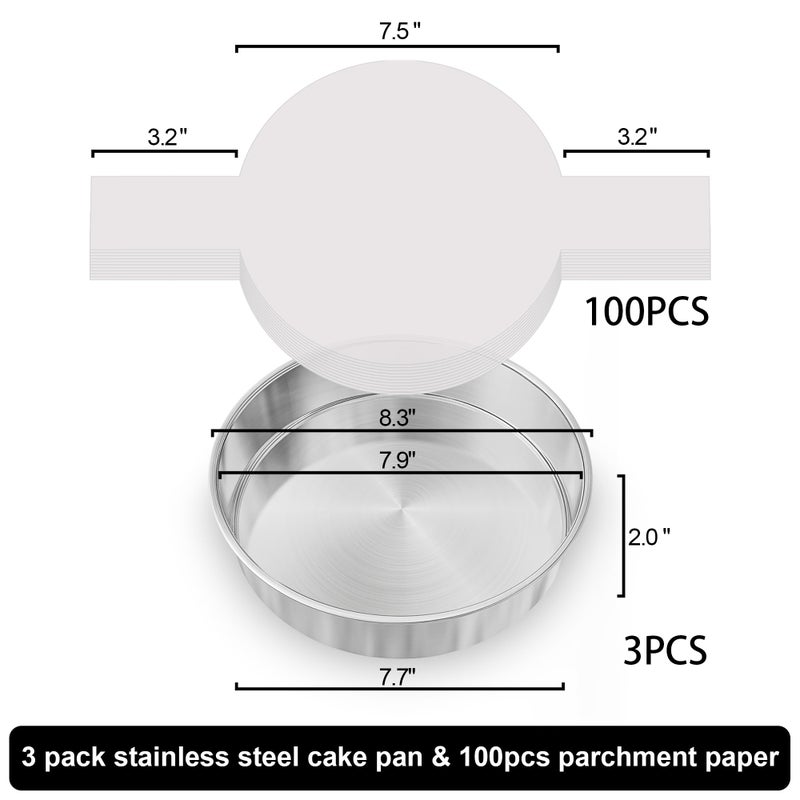 AWTBDP 8 Inch Cake Pan Set of 3, Nonstick Stainless Steel Round Layer Cake Baking Pans with 100PCS Parchment Papers, Cake Tins for Birthday Christmas, Healthy & Non-Toxic, Easy Clean & Dishwasher Safe - Image 2