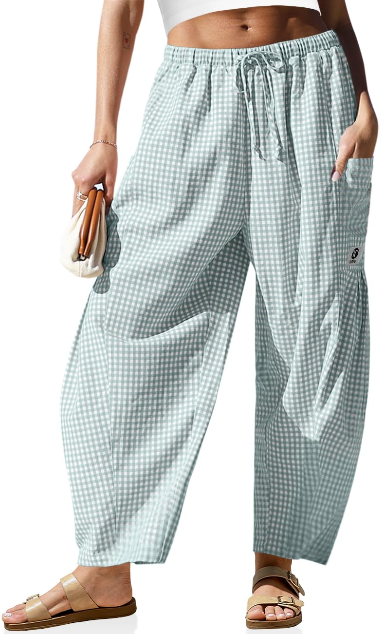 TARSE Womens Linen Wide Leg Striped Pants Casual Barrel Loose Drawstring Low Waist Palazzo Harem Pants with Pockets(LightGrayBluePlaid,L) - Image 1
