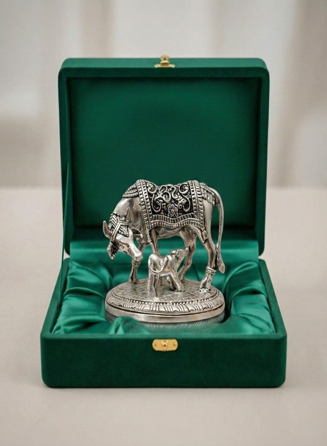 Dev Aastha 999 Pure Silver Plated Kamdhenu Cow with Calf Idol | Auspicious Vastu Home Decor for Pooja Room & Mandir | Symbol of Prosperity & Abundance | Religious Gift Showpiece - Image 1