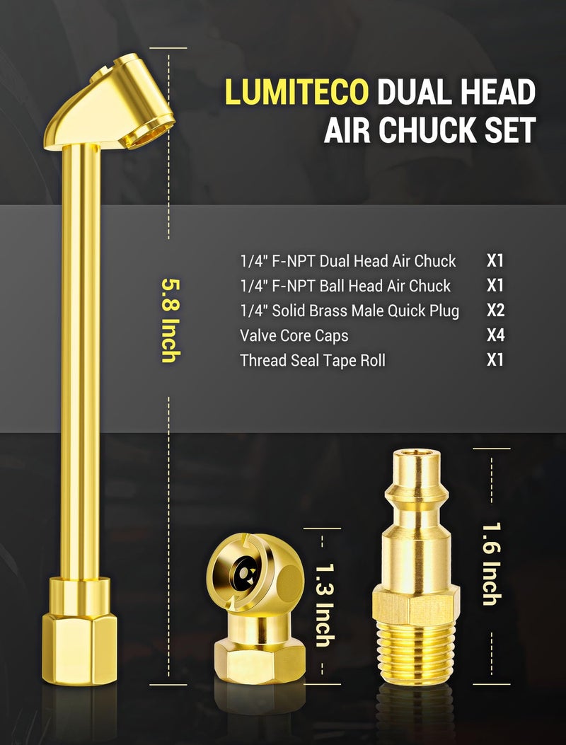 LUMITECO 2 Way Connection Air Chuck Set - 1/4 Inch Female NPT Closed Ball Heavy Duty Dual Head and Standard Male Quick Plug Tire Air Fill Kit - Image 2