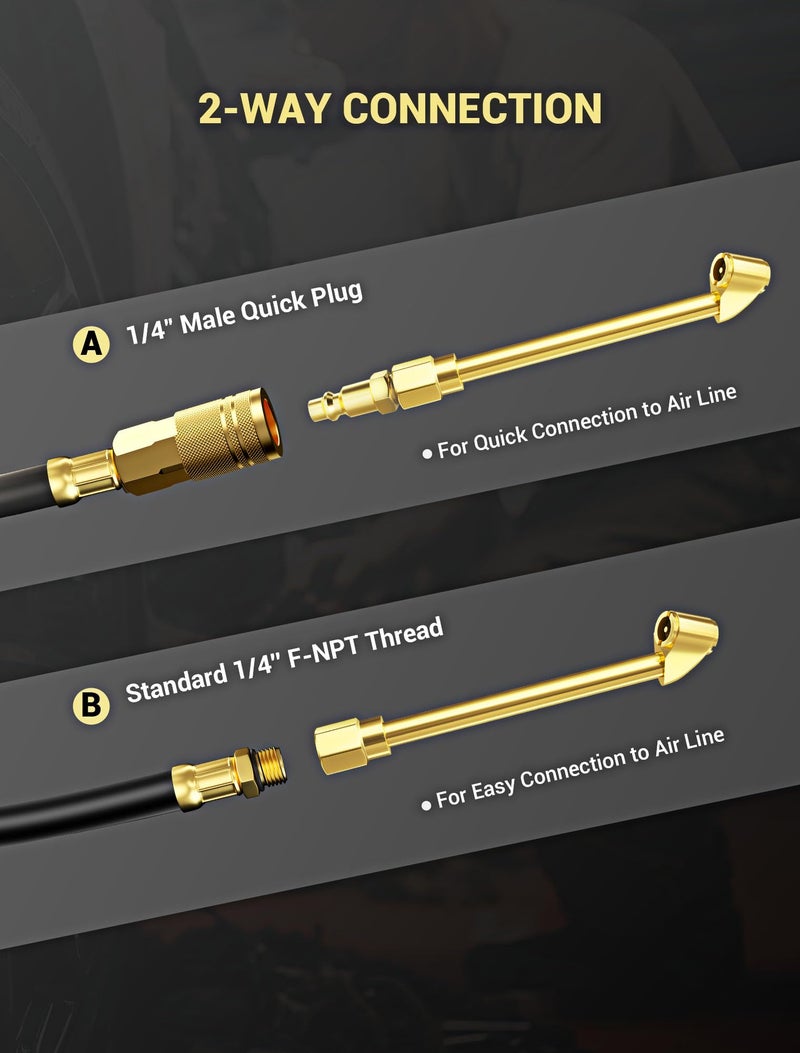 LUMITECO 2 Way Connection Air Chuck Set - 1/4 Inch Female NPT Closed Ball Heavy Duty Dual Head and Standard Male Quick Plug Tire Air Fill Kit - Image 4