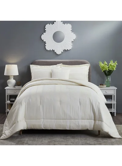 Donetella Comforter Set 7-Pieces Double Size Hotel Style All Season Cotton Blend Stripe Pattern Bedding Set With  Down Alternative Filling, Ivory
