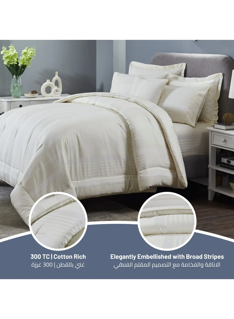 Donetella Comforter Set 7-Pieces Double Size Hotel Style All Season Cotton Blend Stripe Pattern Bedding Set With  Down Alternative Filling, Ivory
